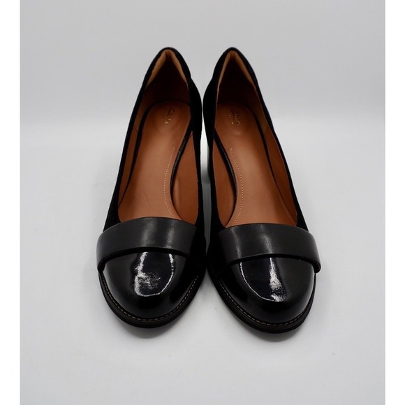 Clarks Farah Brae Black‎ Suede Patent Block Heel Pumps 11 Dark Academia 35-04 - Picture 12 of 14